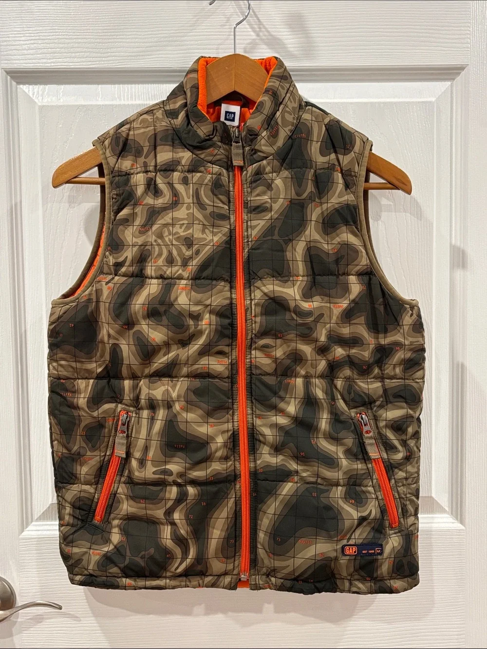 GAP Camouflage Puffer Vest with Bright Orange Trim